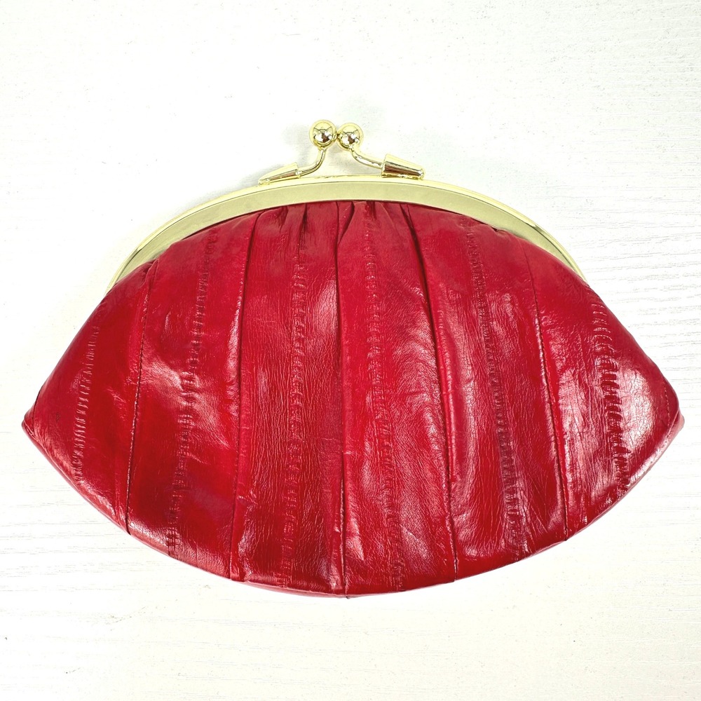 VTG Genuine Eelskin Red Kiss Lock Coin Purse Double Frame Clutch Wallet 80s